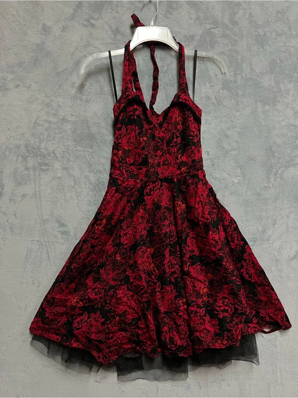 Hot Topic Red Black Floral Rose Halter Dress Sweetheart Tulle Gothic Punk Size S